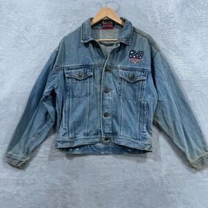 Vtg USA Flag Denim Jacket American Classic Medium 90s Trucker Patriotic Thrashed